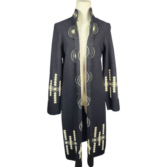 VTG VICTOR COSTA Embroidered BLACK/WHITE Wool Coat Sweater Heavy Women’s XS - Picture 2 of 16